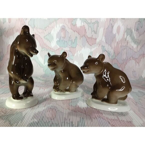 Vintage Lot Of 3 Ceramic/Porcelain Glazed Three Brown Bears Figurine Home Decor* - Picture 1 of 12